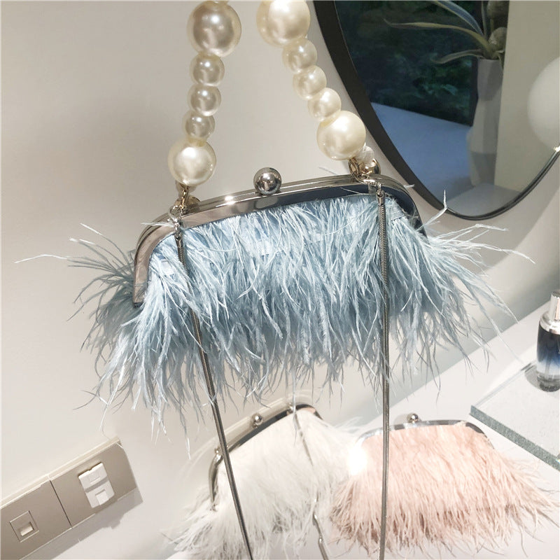 Pearl Chain Crossbody Bag For Women Ostrich Fur Handbag