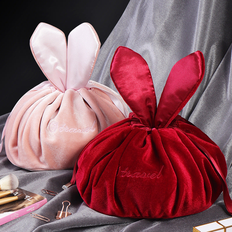 Cute Bunny Ear Drawstring Makeup Bag Embroidery Velvet Storage Bag