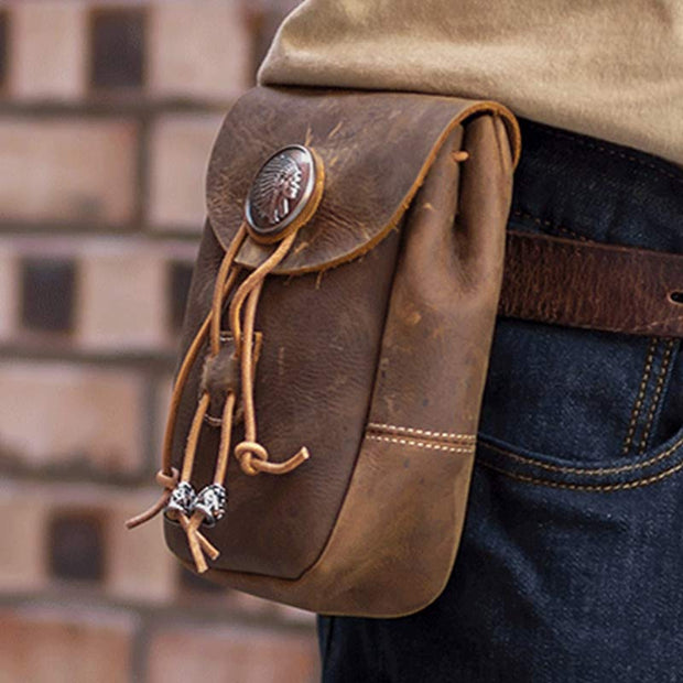 Genuine Leather Drawstring Pouch Purse Fanny Pack Portable Wallet Belt Pouch