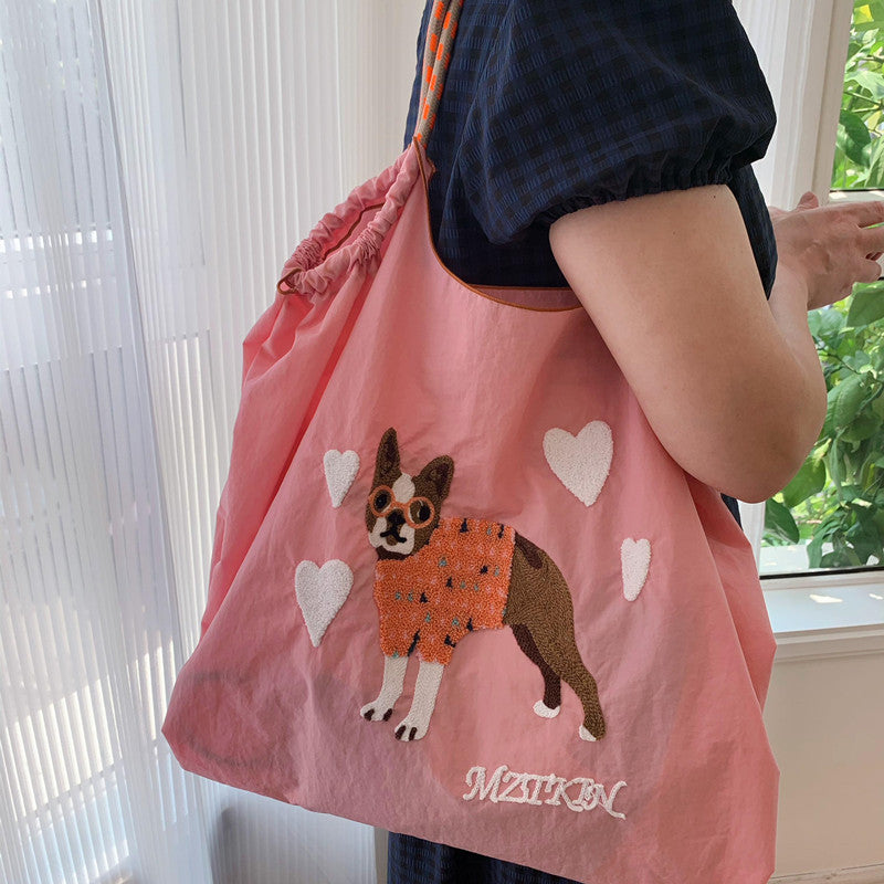 Cute Dog Embroideried Handbag Durable Drawstring Shoulder Bag For Women