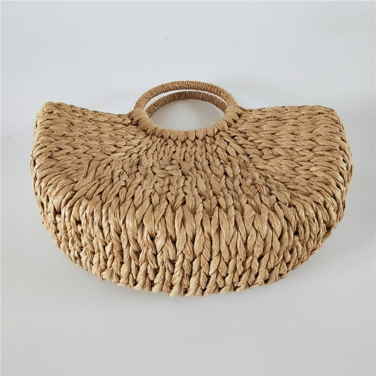 Half Round Straw Bag Elegant Rattan Bucket Handbag For Women