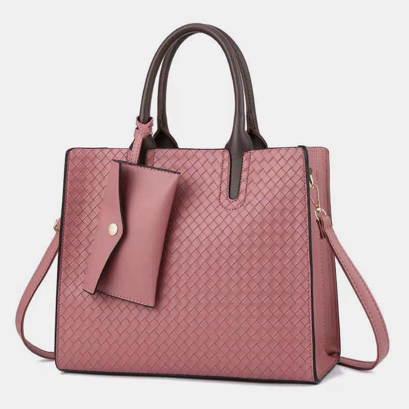 Women Woven Tote Casual Handbag Top Handle Satchel with Small Wallet