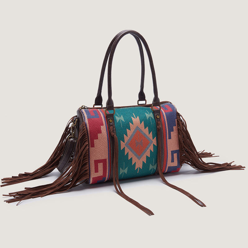 Vintage Hand-woven Boho Tote Tassel Top Handle Satchel with Crossbody Strap