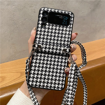 Phone Case for Samsung Galaxy Z Flip Houndstooth Crossbody Strap Case