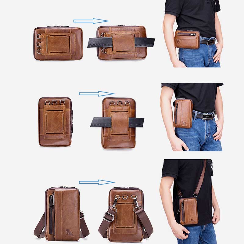 2-Way Use Genuine Leather Belt Loop Holster Mini Crossbody Bag