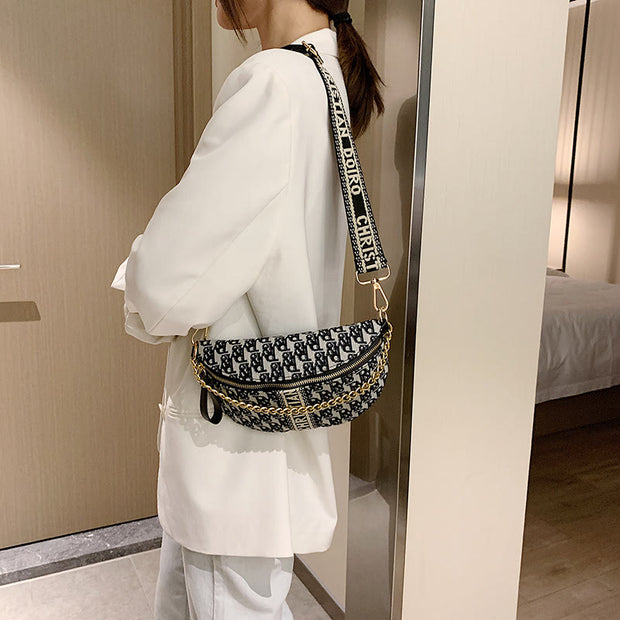 Womens Waist Bag Embossing Chain Strap Crossbody Shoulder Bag