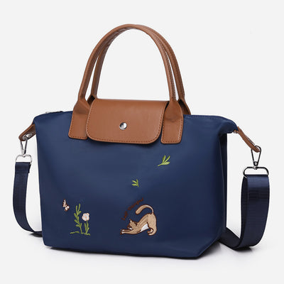 Classic Tote For Women Cute Embroideried Cat Nylon Crossbody Bag