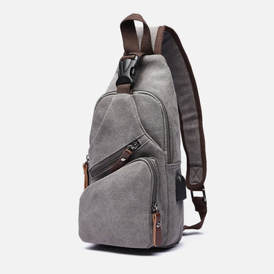 Canvas Sling Bag Crossbody Backpack Casual Rucksack with USB Charging Port