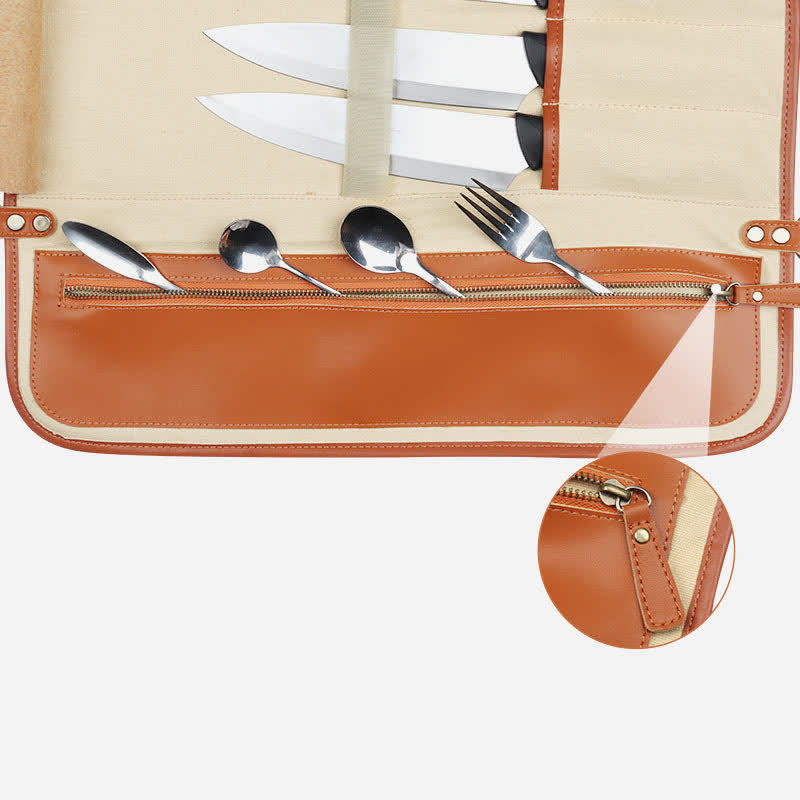 Genuine Leather Chef Knife Roll Bag Stores 10 Knives with Shoulder Strap