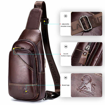 Cowhide Leather Waterproof Casual Sling Bag Daypack Shoulder Chest Bag