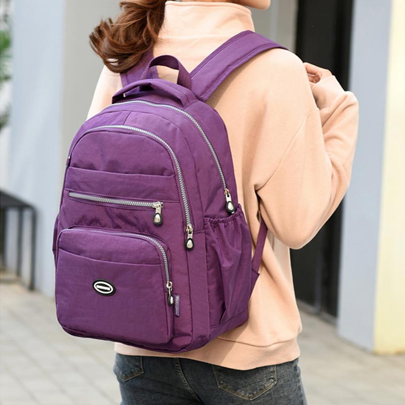 Multi-Pocket Nylon Backpack Lightweight Casual Travel Daypack for Women