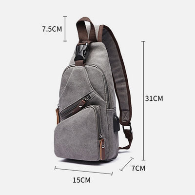 Canvas Sling Bag Crossbody Backpack Casual Rucksack with USB Charging Port