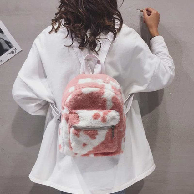 Cute Cow Printed Soft Plush Mini Backpack for Women Girls