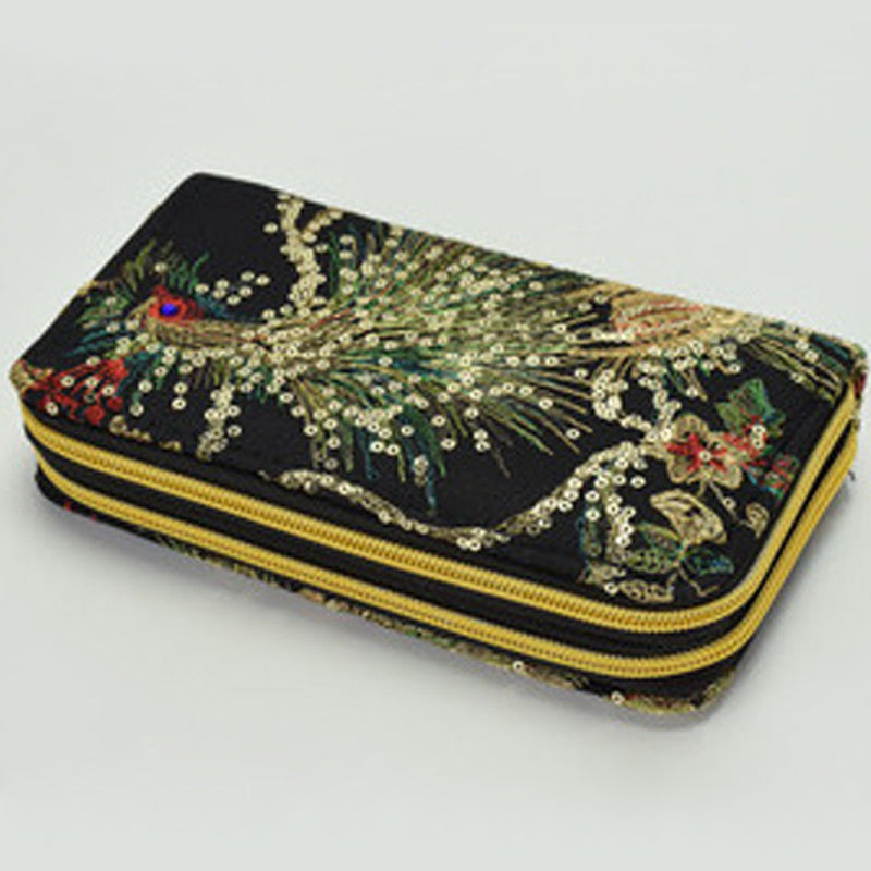 Vintage National Peacock Embroidery Long Wallet Clutch Bag