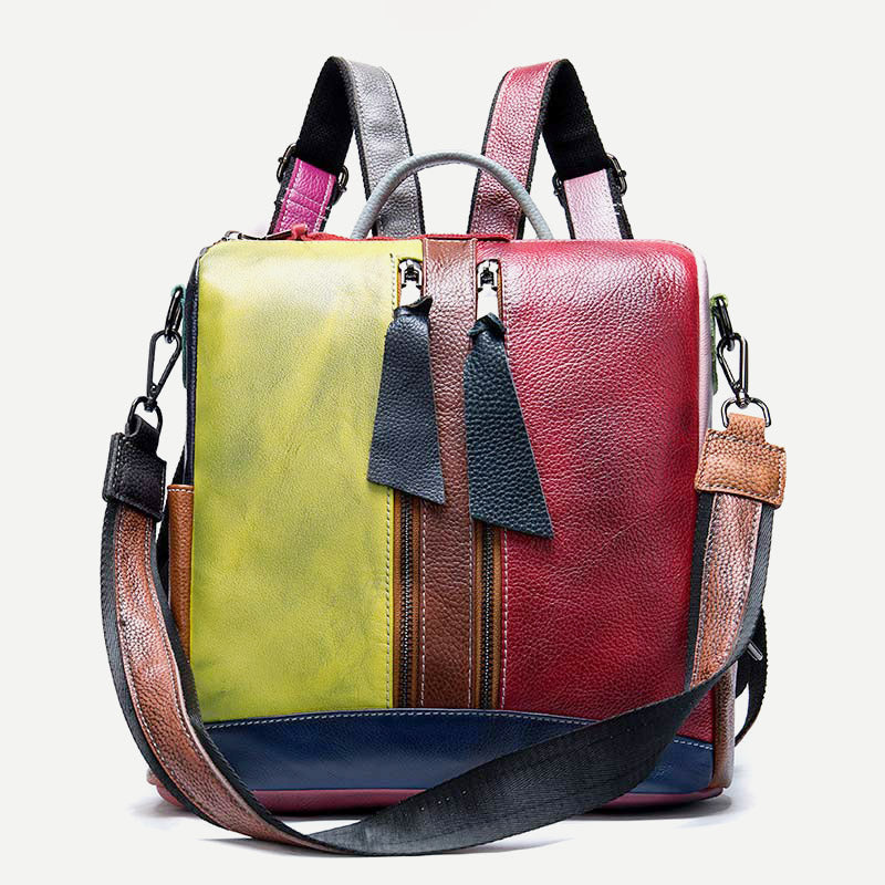 Women Backpack Purse Convertible Shoulder Bag Genuine Leather Colorblock Casual Daypack