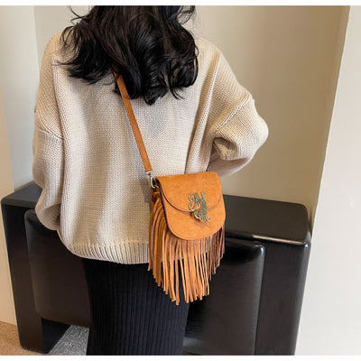 Women Autumn Flannelette Bag Retro Letter Buckle Crossbody Tassel Bag