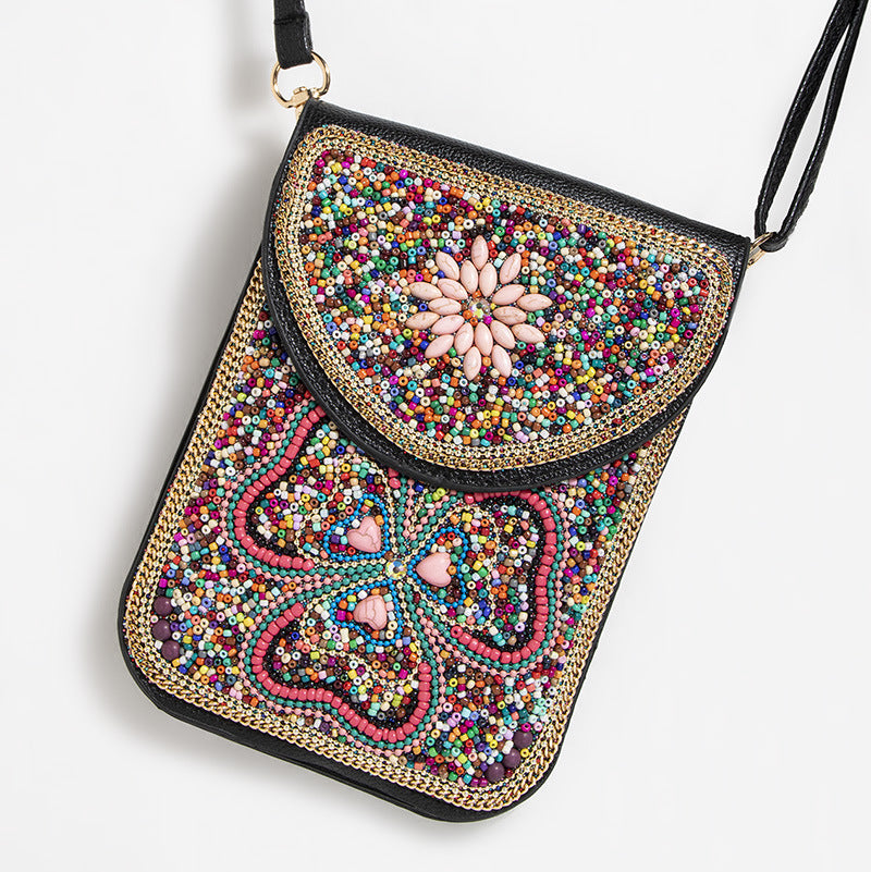 Bohemian Phone Bag Women Shell Flowers Pattern Magnetic Crossbody Bag