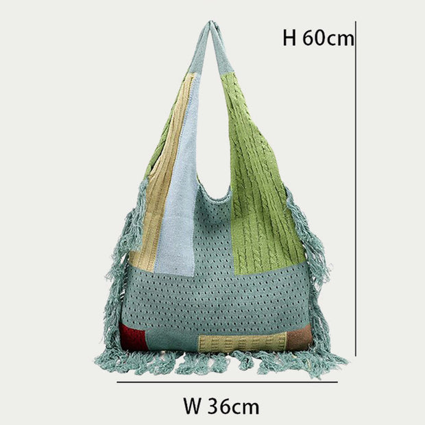 Tassel Shoulder Bag For Women Simple Retro Spliced Knitted Bag