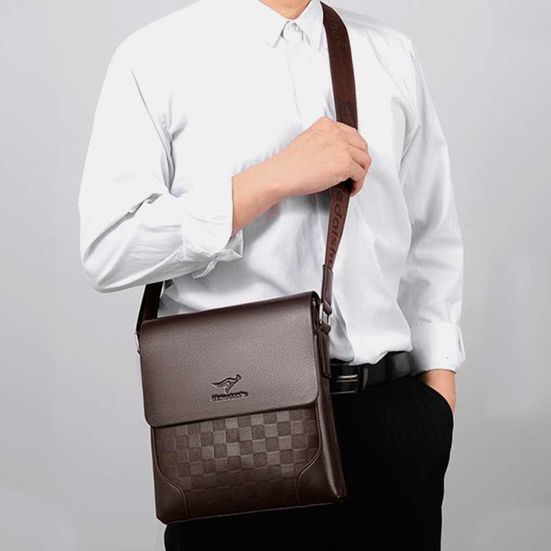 Men's Leather Plaid Small Messenger Bag Business Travel Carry Bag