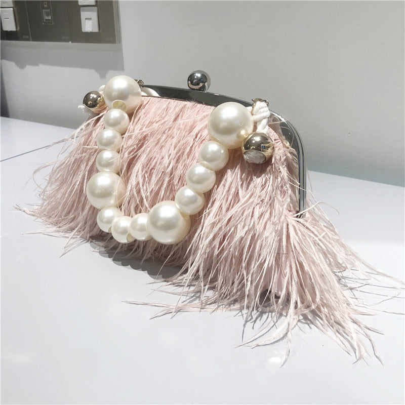 Pearl Chain Crossbody Bag For Women Ostrich Fur Handbag