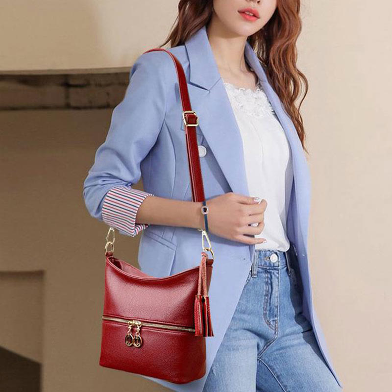 Double Zipper Purse For Women Tassel Solid Color Crossbody Bag