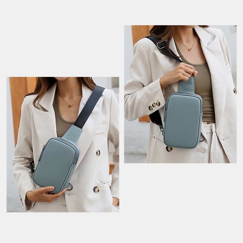 Double Zip Real Leather Sling Bag For Women Waterproof Crossbody Phone Bag