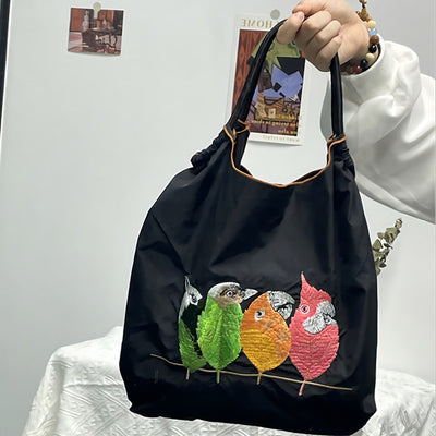 Cute Birds Embroideried Handbag Durable Drawstring Shoulder Bag For Women