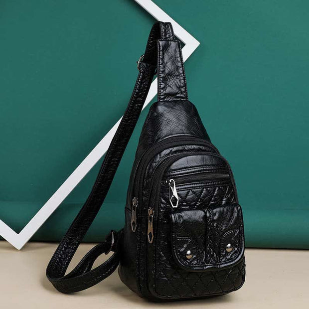 Retro Sling Backpack for Women Multi-Pocket PU Leather Crossbody Chest Bag