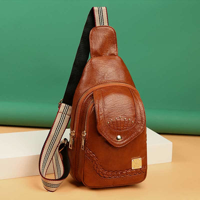 Faux Leather Small Sling Backpack Multipurpose Double Zip Chest Bag Rushsack