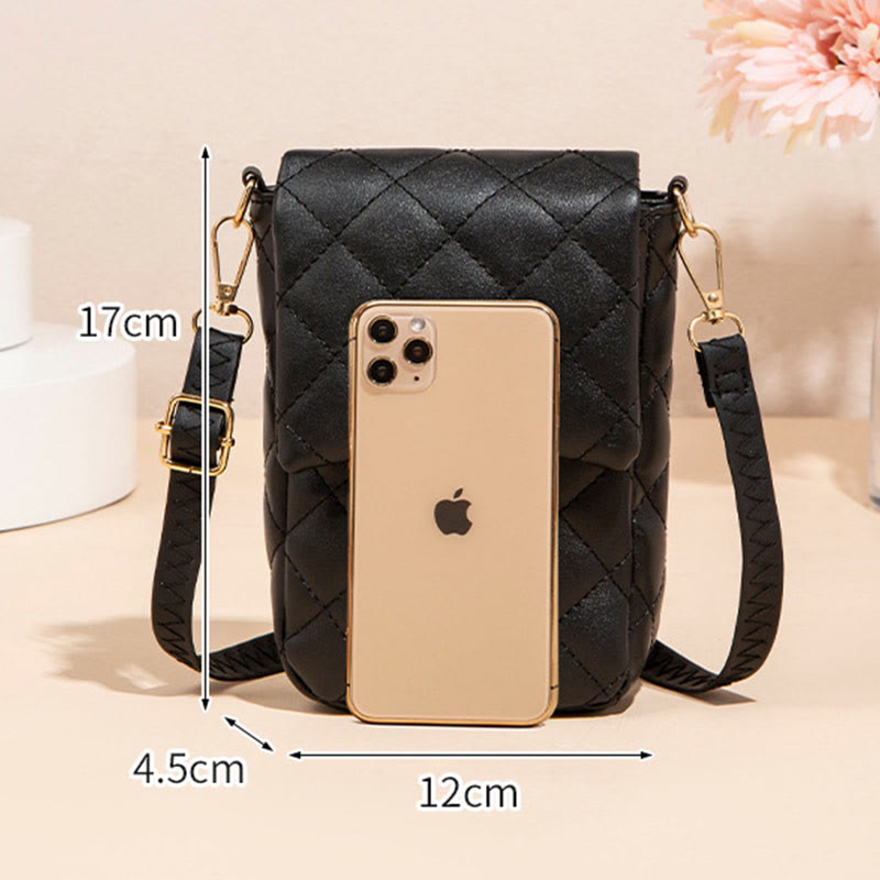 Diamond Check Embroidered PU Leather Crossbody Phone Bag For Women