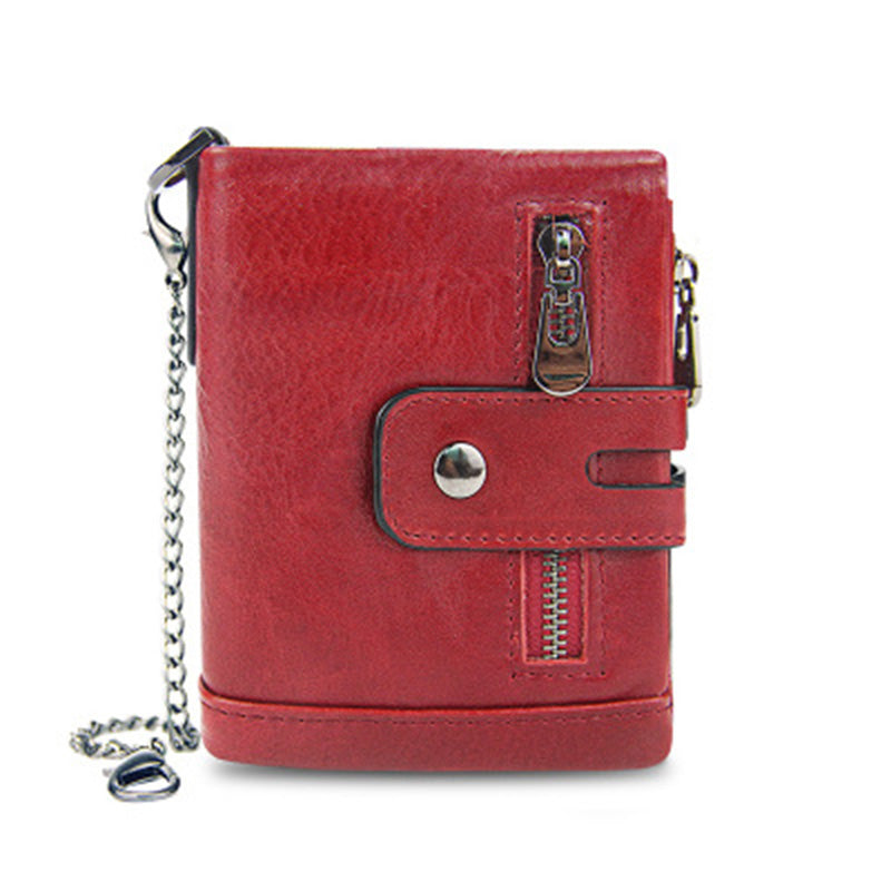 RFID Leather Trifold Wallet With Anti-Theft Chain