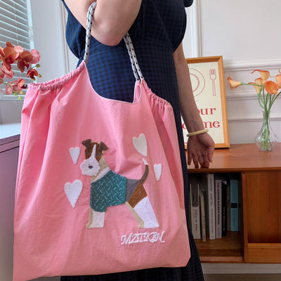 Cute Dog Embroideried Handbag Durable Drawstring Shoulder Bag For Women