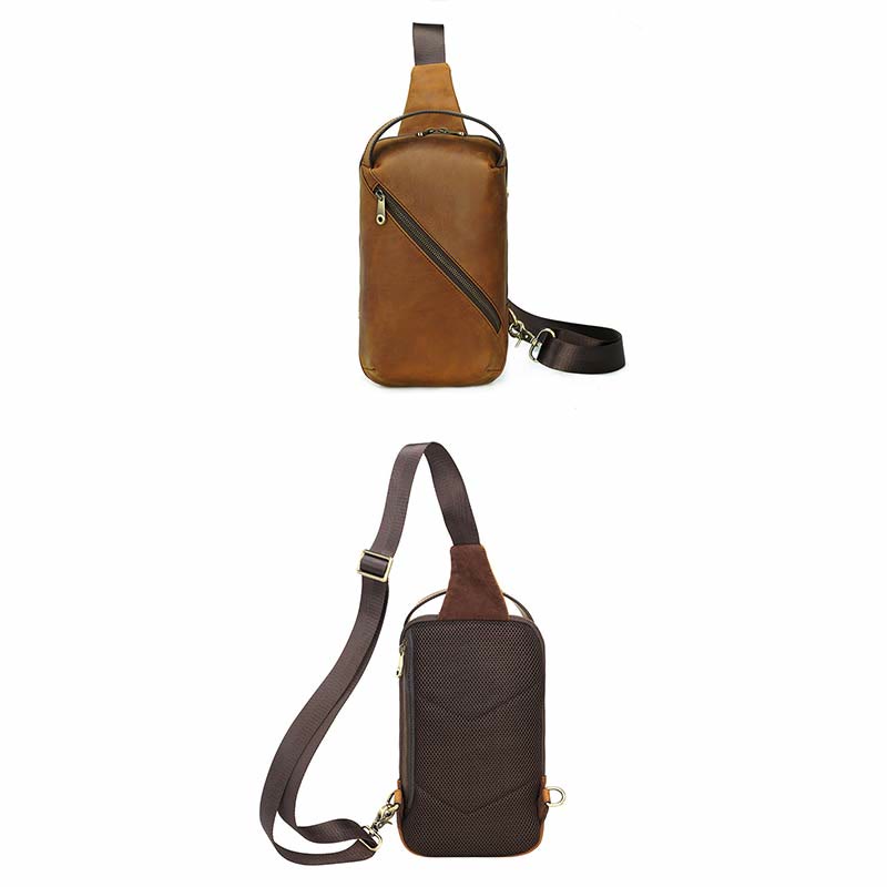 Men's Leather Crossbody Sling Bag Outdoor Travel Chest Bag Shoulder Daypack