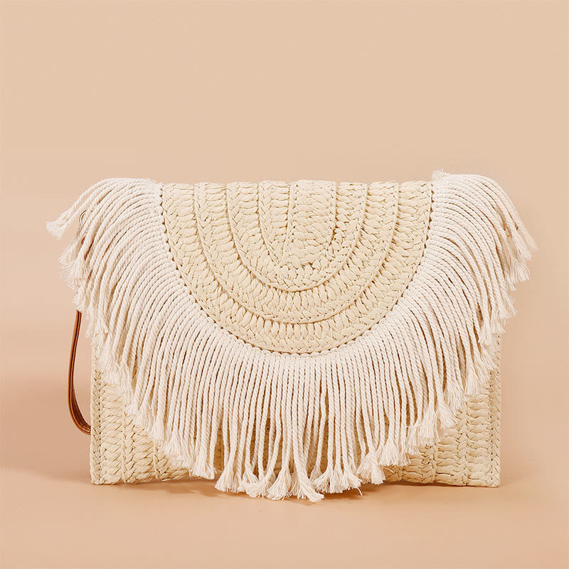 Tassel Beach Clutch for Women Raffia Woven Envelop Bag with Shoulder Strap