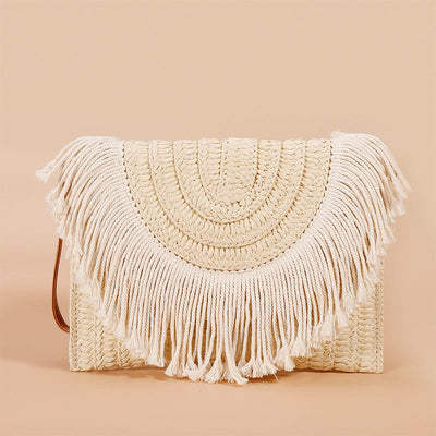 Tassel Beach Clutch for Women Raffia Woven Envelop Bag with Shoulder Strap