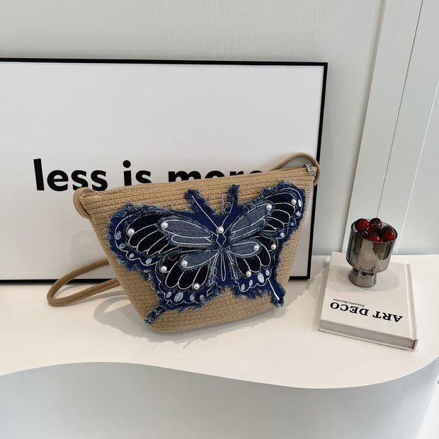 Embroidery Butterfly Shoulder Bag Cotton Linen Crossbody Purse For Women