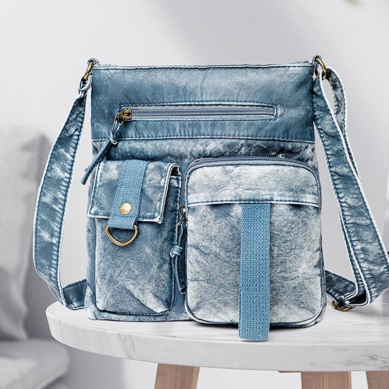 Crossbody Bag For Women Washed Casual Denim Leather Shoulder Bucket Bag