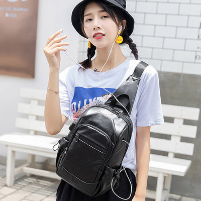 Unisex Small Black Sling Crossbody Shoulder Bag Daypack with USB Charger