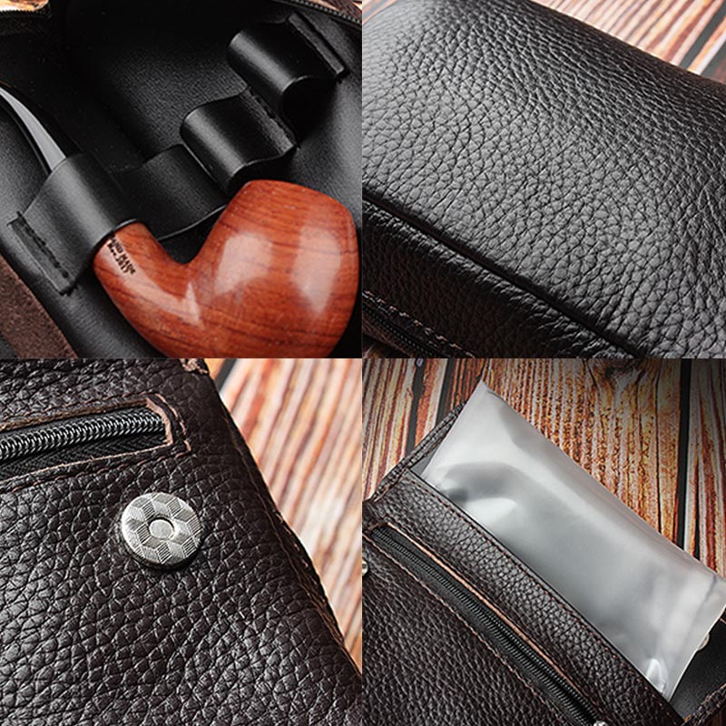 Leather Tobacco Pouch Pipe Carrying Case with 2 Pipe Holder Pocket