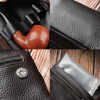 Leather Tobacco Pouch Pipe Carrying Case with 2 Pipe Holder Pocket