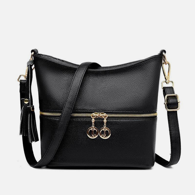 Double Zipper Purse For Women Tassel Solid Color Crossbody Bag