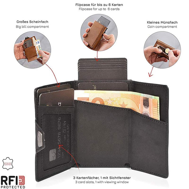 Minimalist Real Leather Wallet Trifold Pop Up Card Holder with RFID Blocking