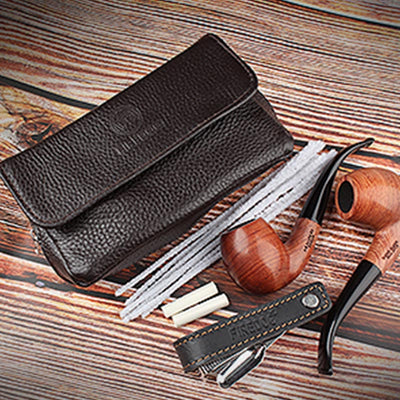 Leather Tobacco Pouch Pipe Carrying Case with 2 Pipe Holder Pocket