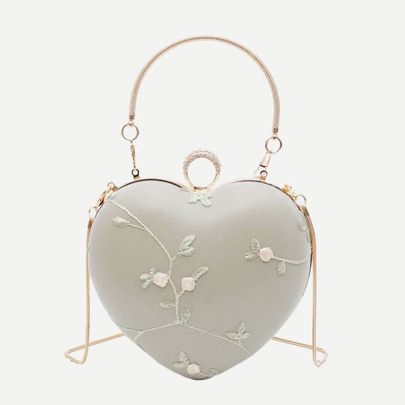 Floral Embroidered Handbag Heart Shaped Evening Bag Clutch with Gold Chain