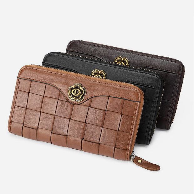 Leather Woven Wallet For Women Men Long Multifunction Clutch Bag