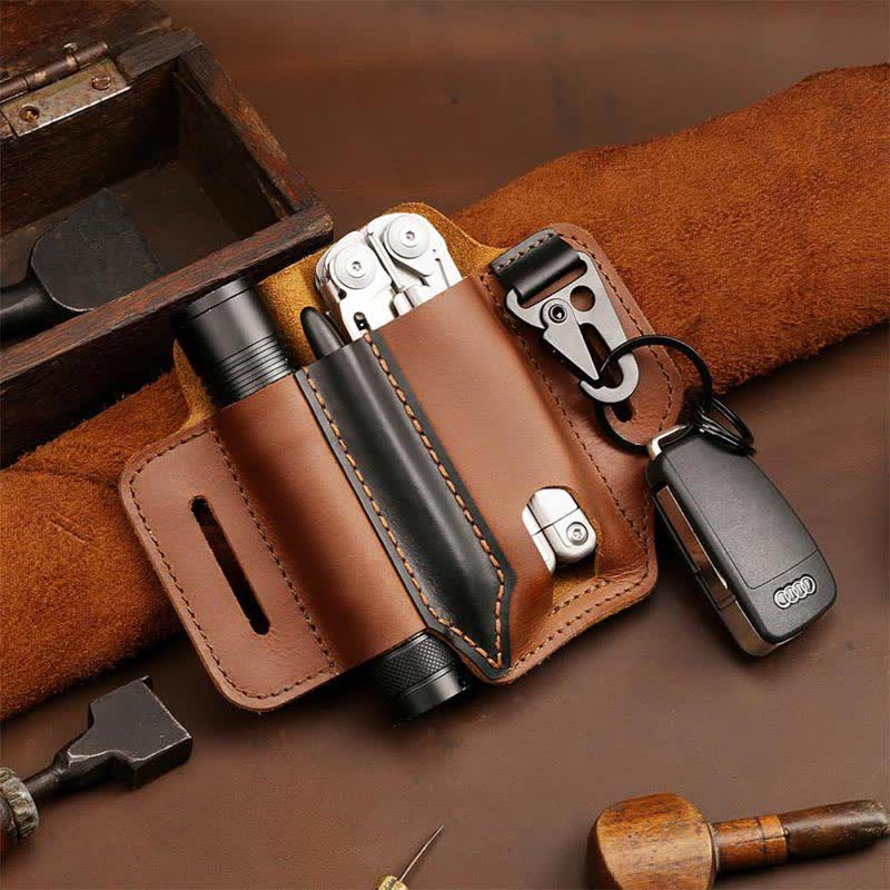 Leather Multitool Sheath for Belt EDC Belt Organizer with Key Holder