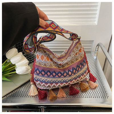 Folk Custom Crossbody Bag Women Tassel Wide Strap Polyester Purse