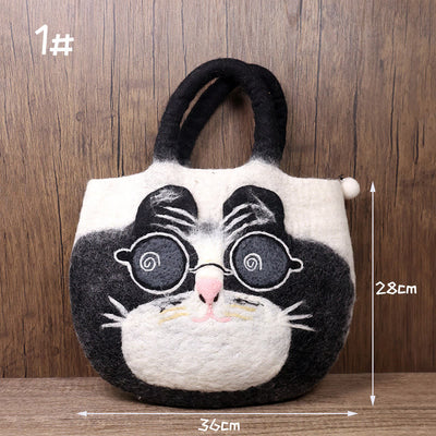 Handmade Funny Cat Wool Felt Handbag Cute Tote Hobo Bags