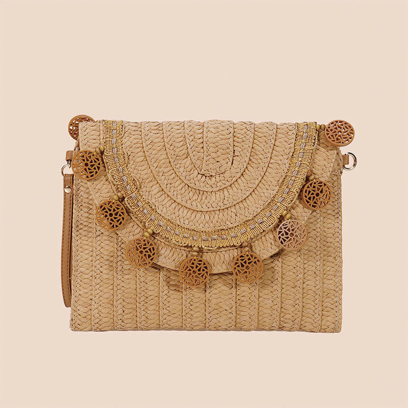 Tassel Beach Clutch for Women Raffia Woven Envelop Bag with Shoulder Strap