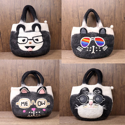 Handmade Funny Cat Wool Felt Handbag Cute Tote Hobo Bags